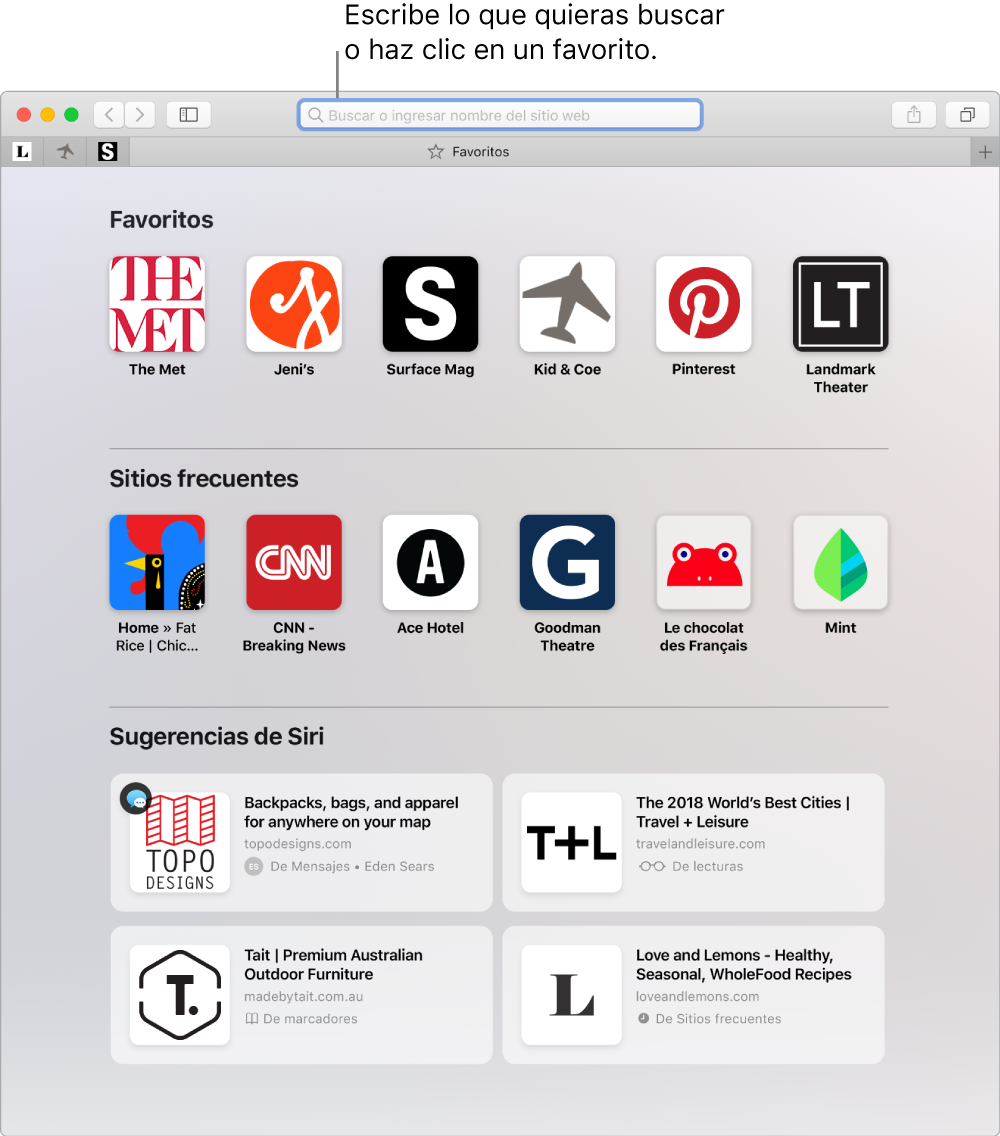 Ventana de Safari mostrando la vista Favoritos y el campo de búsqueda inteligente resaltado.