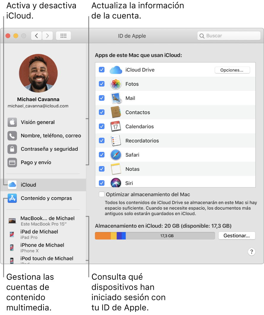 El panel ID de Apple de Preferencias del Sistema. Haz clic en un ítem de la barra lateral para actualizar la información de tu cuenta, activar o desactivar iCloud, gestionar tus cuentas de redes sociales y ver todos los dispositivos que han iniciado sesión con tu ID de Apple.