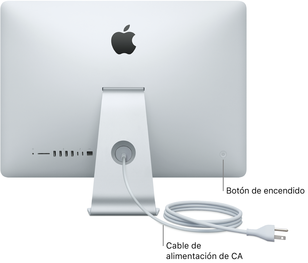 Vista trasera de un iMac donde se muestra el cable de alimentación de CA y el botón de arranque.