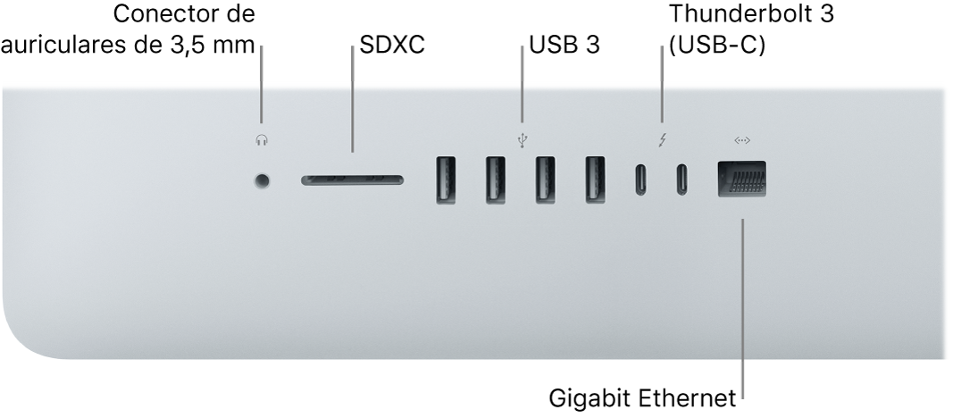 iMac con el conector para auriculares de 3,5 mm, la ranura SDXC, los puertos USB 3, los puertos Thunderbolt 3 (USB-C) y el puerto Ethernet Gigabit.