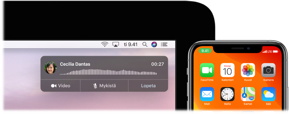 Mac-näyttö, jonka oikeassa yläkulmassa näkyy puhelusta ilmoittava ikkuna, ja iPhone, jossa näkyy, että puhelu on käynnissä Macin kautta.