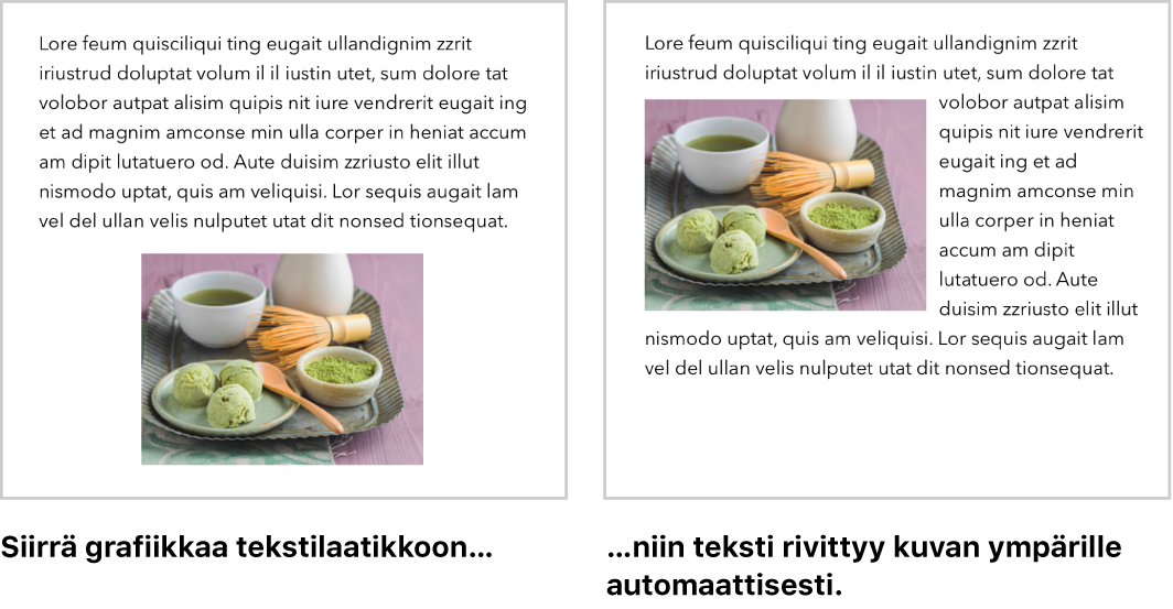 Pages-ikkuna, jossa näkyy, miten teksti rivittyy grafiikoiden ympärille.