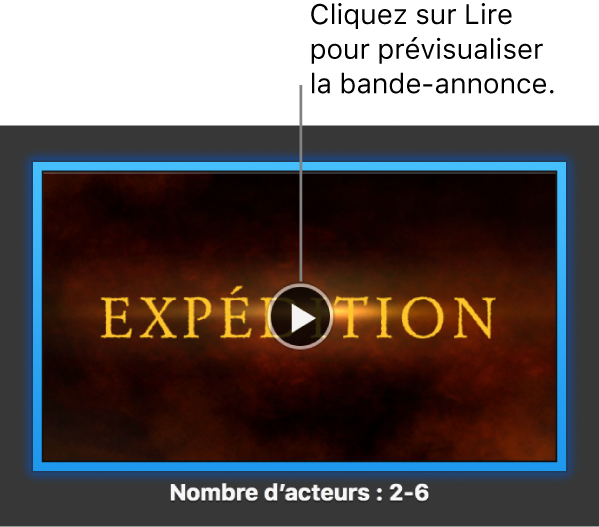 Écran d’iMovie présentant une bande-annonce avec le bouton Lecture surligné.