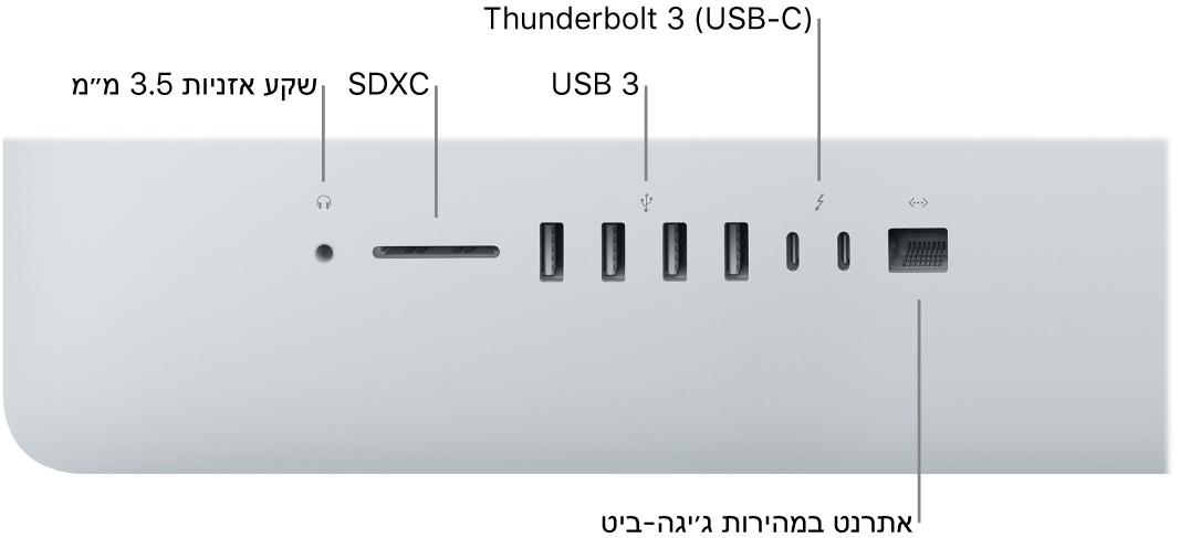 ‏iMac מציג את מחבר האזניות של 3.5 מ״מ, חריץ SDXC, יציאות USB 3, יציאות Thunderbolt 3 ‏(USB-C) ויציאת Gigabit Ethernet.