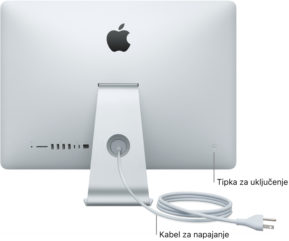 Prikaz stražnjeg dijela računala iMac koji prikazuje AC kabel za napajanje i tipku za uključenje.