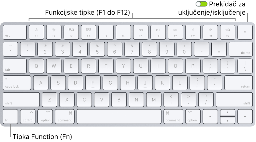 Tipkovnica Magic Keyboard prikazuje tipku Funkcija (Fn) u donjem lijevom kutu i prekidač za uključenje/isključenje na gornjem desnom rubu tipkovnice.