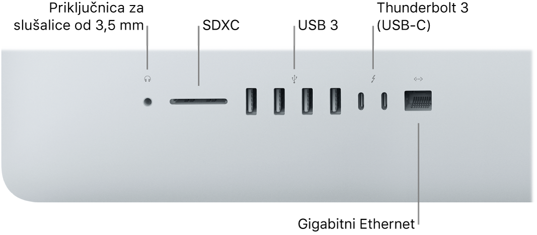 Računalo iMac s priključnicom od 3,5 mm za slušalice, utorom za SDXC, priključnicom USB 3, priključnicama Thunderbolt 3 (USB-C) i priključnicom za Gigabit Ethernet.