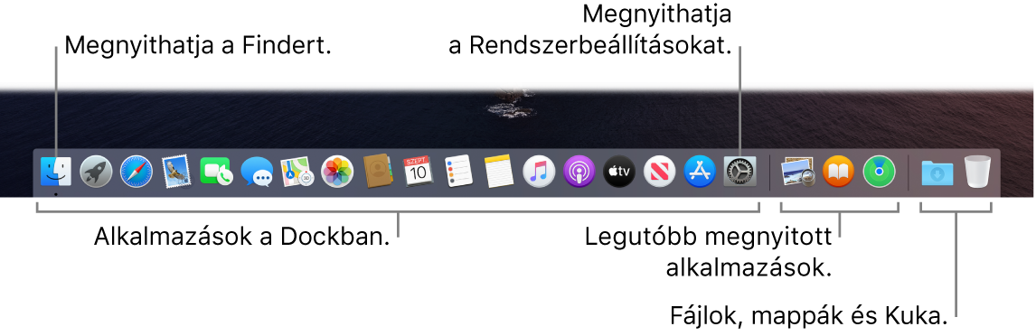 A Dock képe a Finderrel, a Rendszerbeállításokkal, illetve egy vonallal, amely elválasztja az alkalmazásokat a fájloktól és mappáktól.