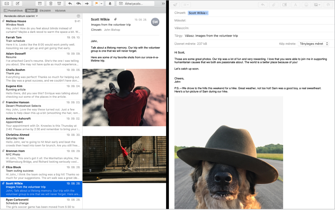 Egy Mail-ablak osztott képernyőn; a két üzenet egymás mellett látható.