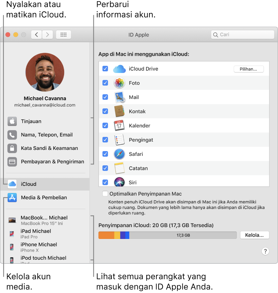 Panel ID Apple di Preferensi Sistem. Klik item di bar samping untuk memperbarui informasi akun Anda, menyalakan atau mematikan iCloud, mengelola akun media, dan melihat semua perangkat yang masuk dengan ID Apple Anda.