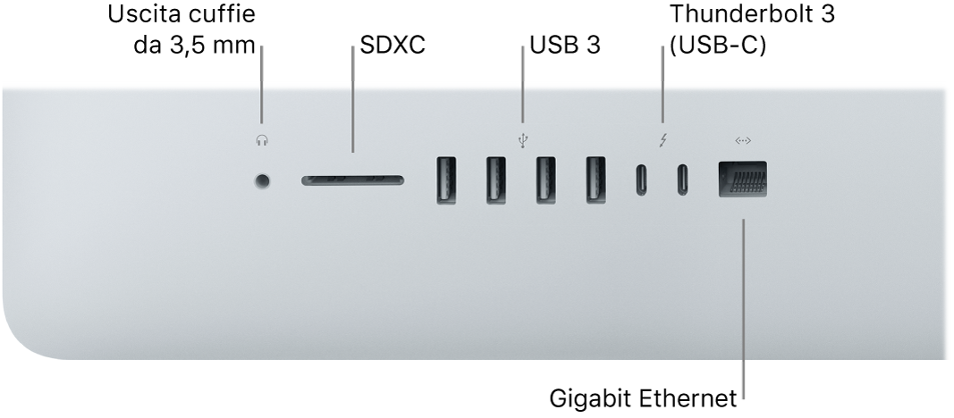 iMac con il jack per le cuffie da 3,5 mm, lo slot SDXC, le porte USB 3, le porte Thunderbolt 3 (USB‑C) e la porta Gigabit Ethernet.