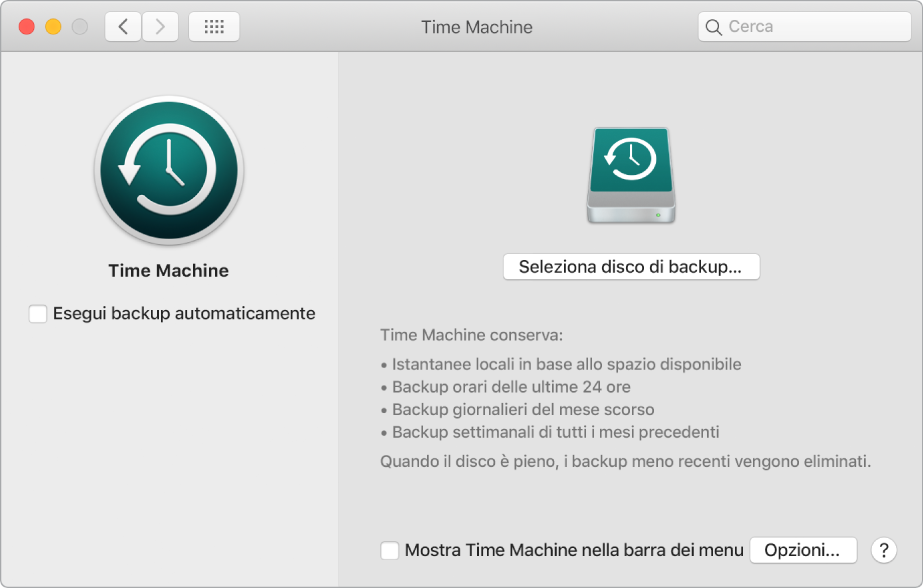 La finestra del backup di Time Machine.