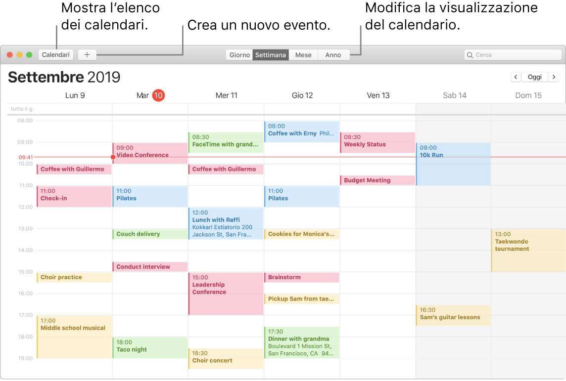 Una finestra di Calendario che mostra come creare un evento, visualizzare l'elenco dei calendari e scegliere la vista Giorno, Settimana, Mese o Anno.