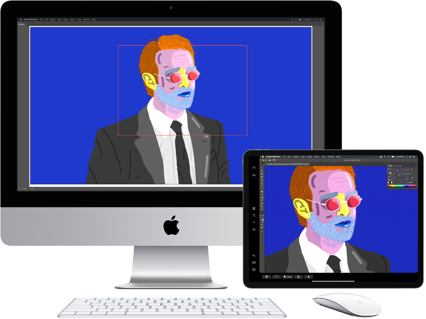 iMac e iPad uno accanto all'altro. iMac mostra un'immagine all'interno della finestra navigatore di Illustrator. iPad mostra la stessa immagine nella finestra documento di Illustrator, circondata dalle barre degli strumenti.