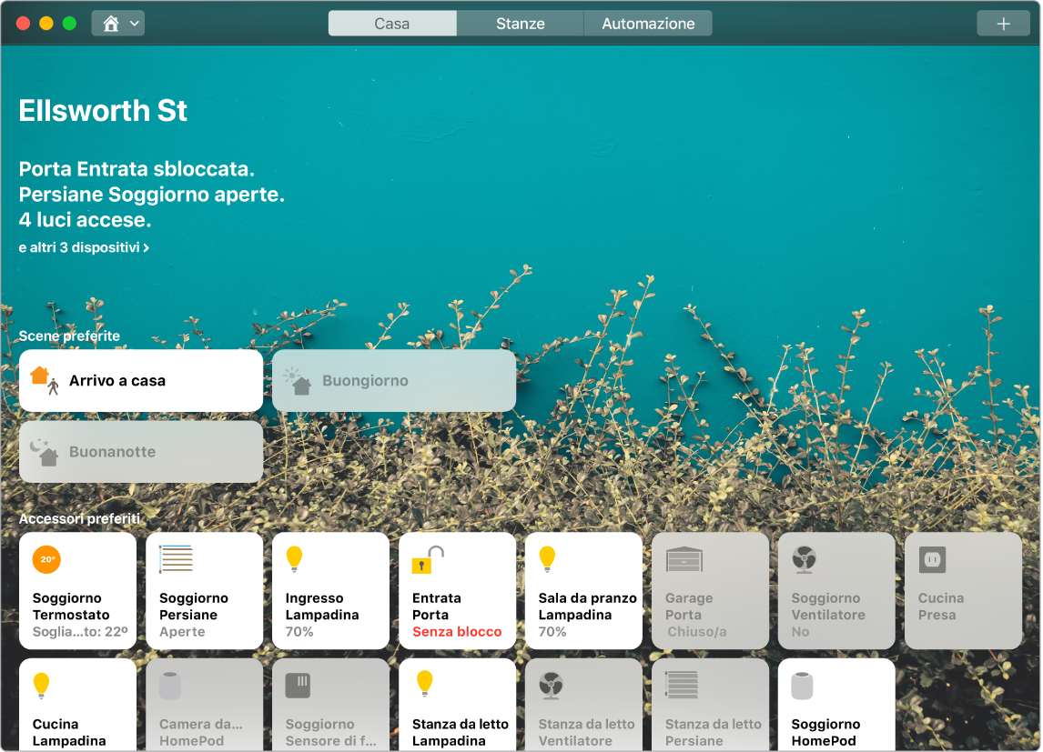 L'app Casa che mostra le scene e gli accessori preferiti.
