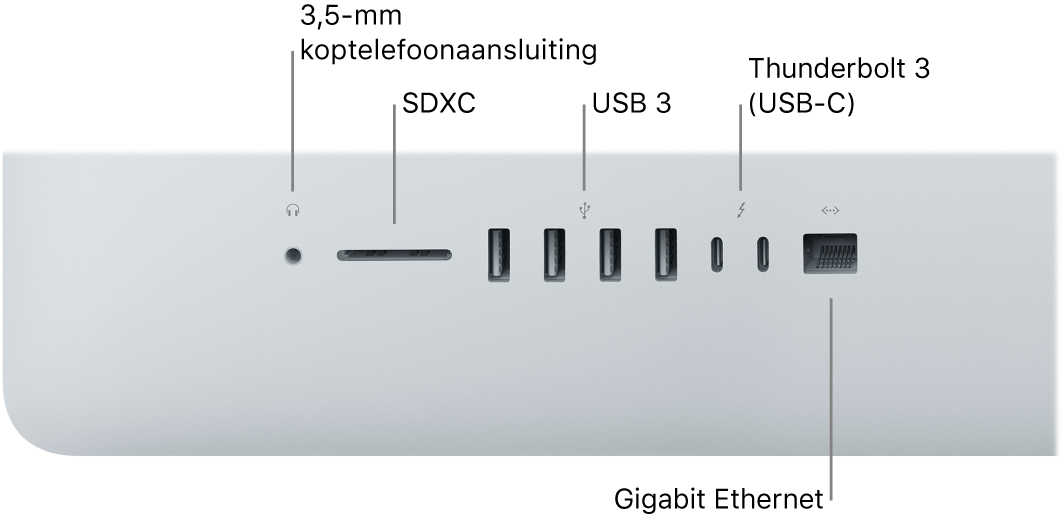 Een iMac met de 3,5-mm koptelefoonaansluiting, SDXC-sleuf, USB 3-poorten, Thunderbolt 3-poorten (USB-C) en Gigabit Ethernet-poort.