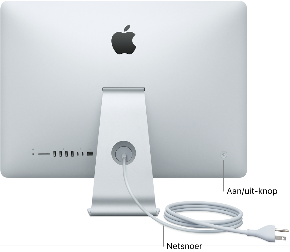 Achteraanzicht van de iMac met het netsnoer en de aan/uit-knop.