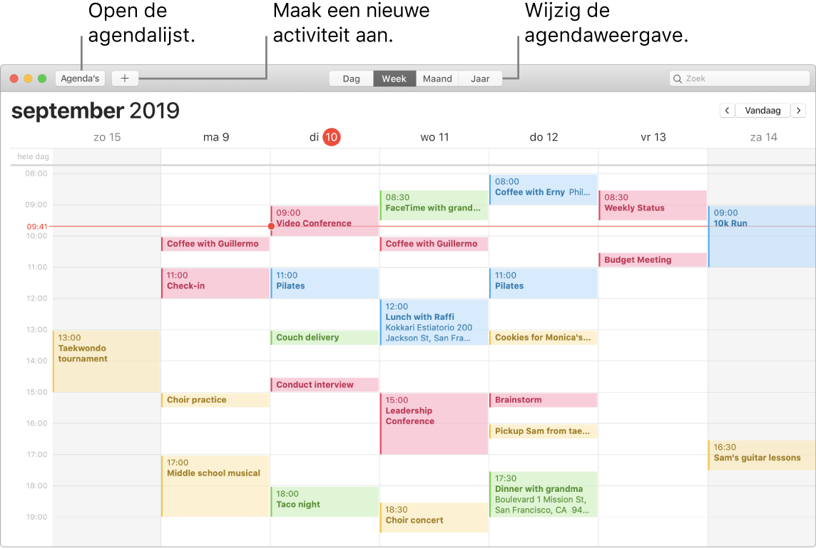 Een Agenda-venster waarin wordt aangegeven hoe je een activiteit aanmaakt, de agendalijst weergeeft en de dag-, week-, maand- of jaarweergave kiest.