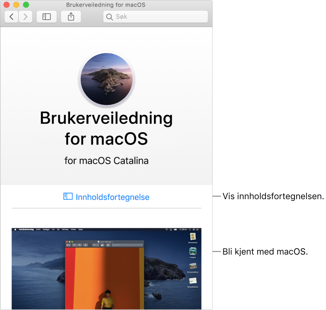 Velkomstsiden i Brukerveiledning for macOS som viser Innholdsfortegnelse-lenken.