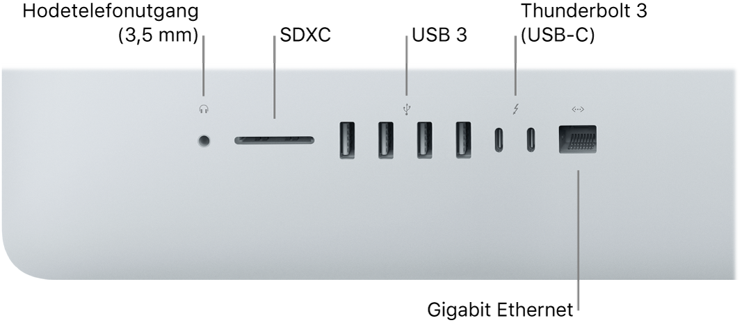 En iMac der du kan se hodetelefonutgangen på 3,5 mm, SDXC-plassen, USB 3-porter, Thunderbolt 3-porter (USB-C) og Gigabit Ethernet-porten.