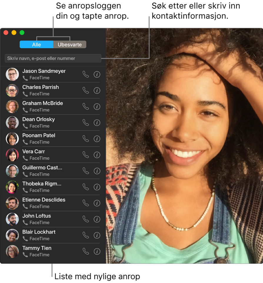 Et FaceTime-vindu som viser hvordan du oppretter et video- eller lydanrop, bruker søkefeltet til å angi eller søke etter kontakter, og viser listen med nylige anrop.