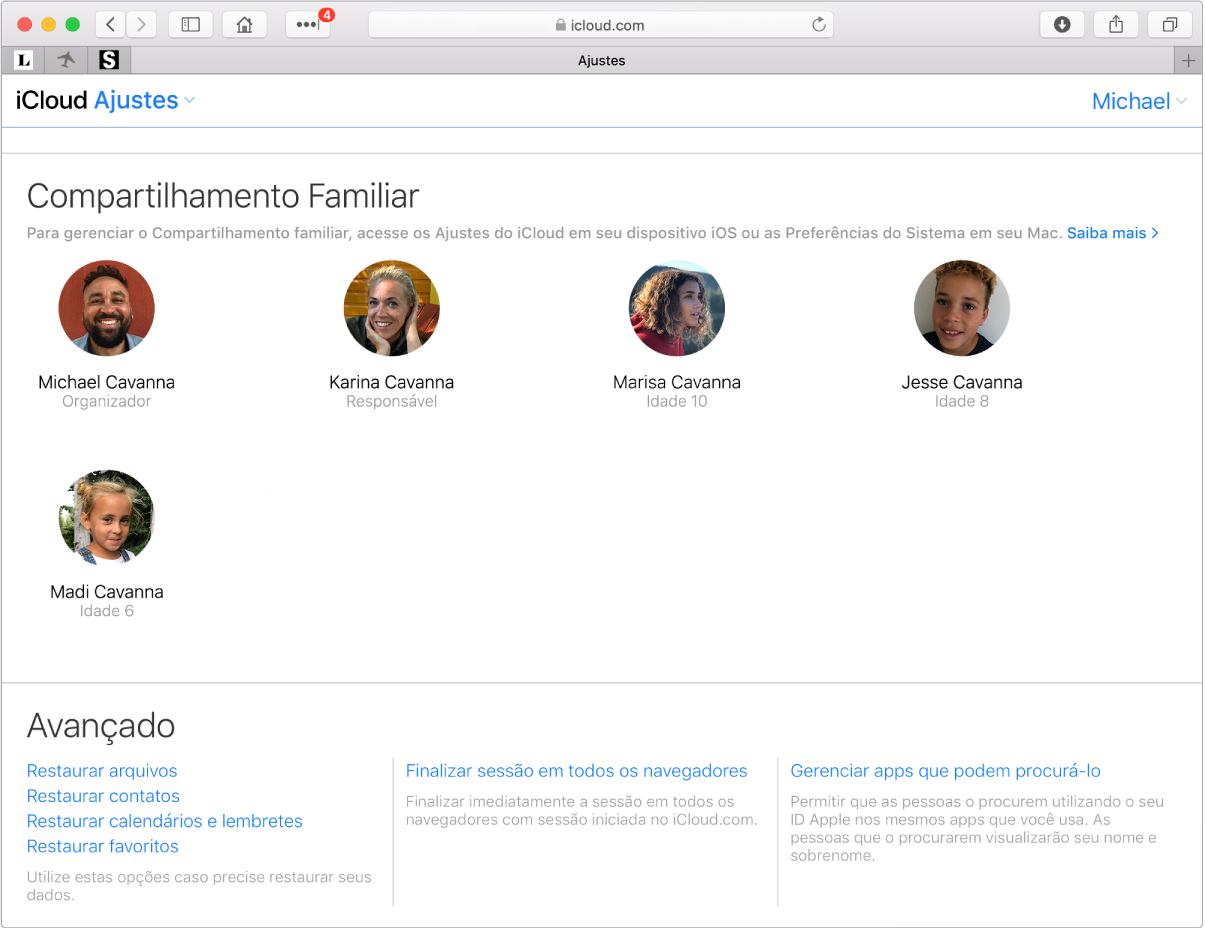 Uma janela do Safari mostrando os ajustes do Compartilhamento Familiar em iCloud.com.