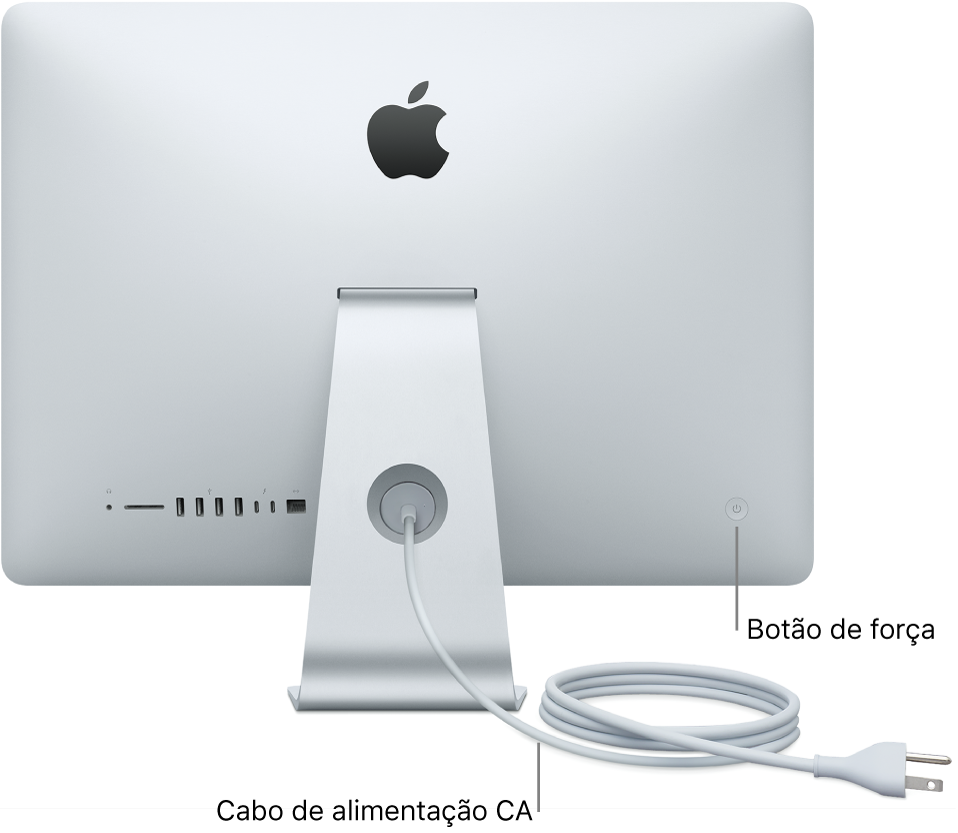 Visualização da parte traseira do iMac mostrando o cabo de alimentação e o botão de força.