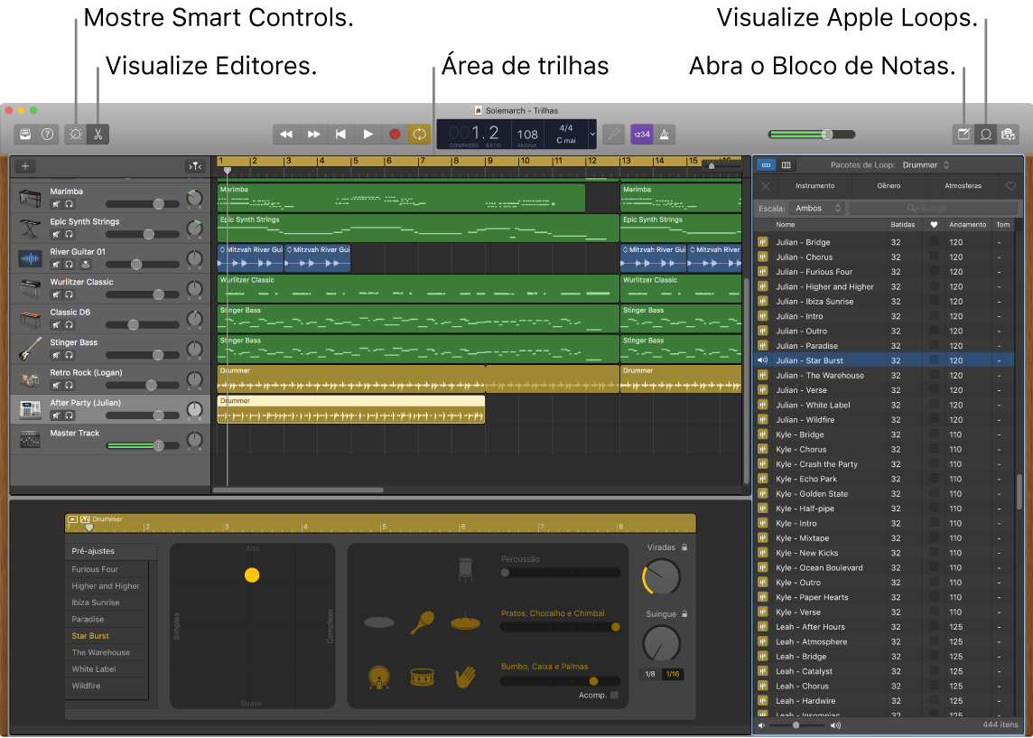 Uma janela do GarageBand mostrando botões para acessar Smart Controls, Editores, Anotações e Apple Loops. Tela de trilhas também são mostradas.
