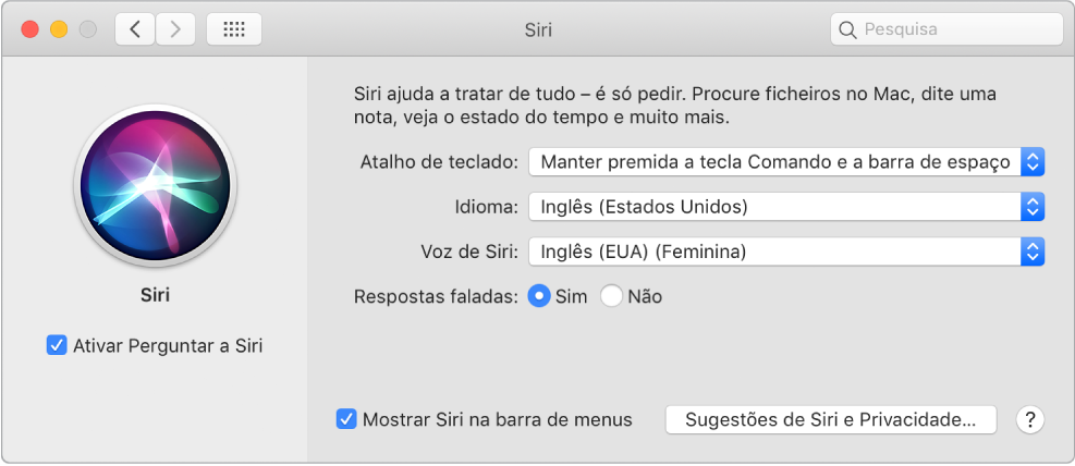 A janela de preferências de Siri com a opção “Ativar ‘Perguntar a Siri’” selecionada à esquerda, e várias opções para personalizar Siri à direita.