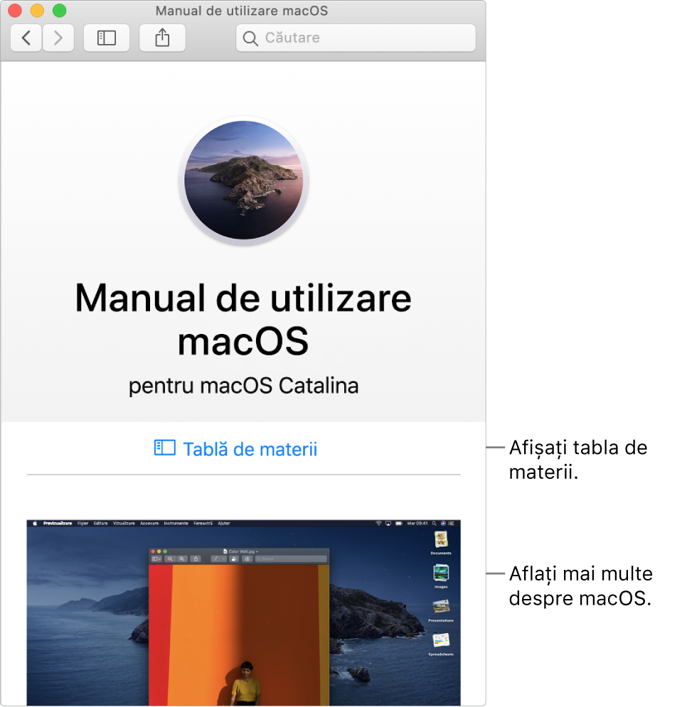 Pagina de bun venit a Manualului de utilizare macOS afișând linkul Tablă de materii.