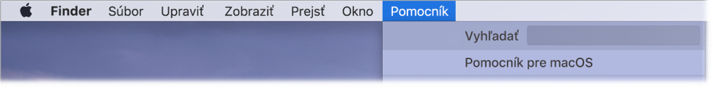 Časť plochy s otvoreným menu Pomocník zobrazujúca možnosti Vyhľadať a Pomocník pre macOS.
