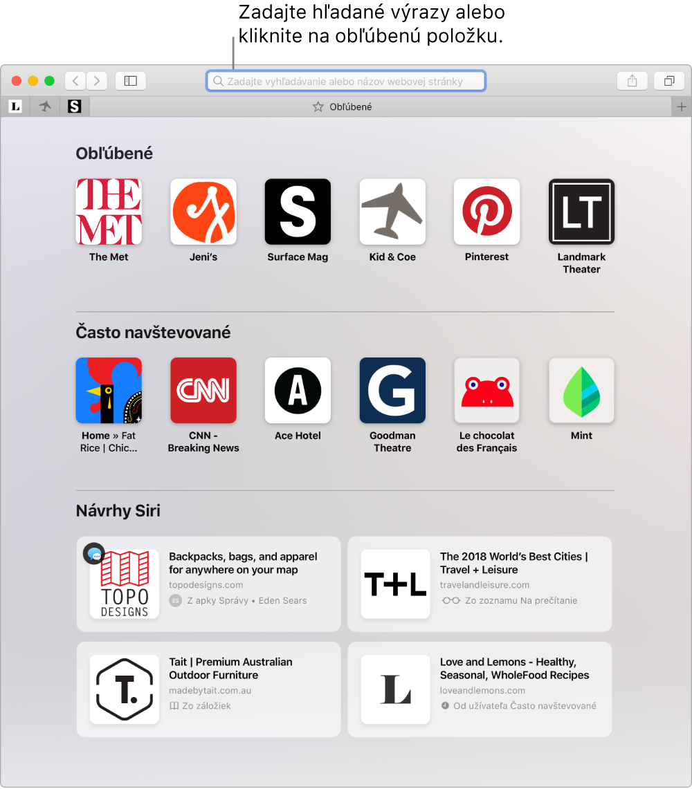 Okno prehliadača Safari so zobrazenými obľúbenými položkami a zvýrazneným dynamickým vyhľadávacím poľom.