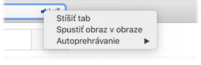 Podmenu ikony Zvuk s položkami Stíšiť tab, Spustiť obraz v obraze a Autoprehrávanie.