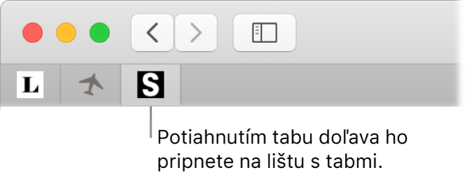 Okno prehliadača Safari zobrazujúce spôsob pripnutia tabu na lište s tabmi.