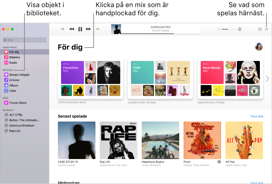 Ett fönster i programmet Musik som visar hur du kommer åt ditt bibliotek, lyssnar på Apple Music och ser nästa låt.