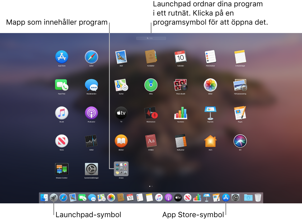 En Mac-skärm med Launchpad öppet som visar en mapp med program i Launchpad och symbolerna för Launchpad och App Store i Dock.