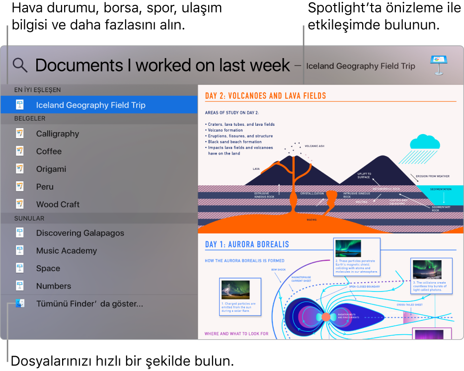 Solda arama sonuçlarını ve sağda önizlemeyi gösteren Spotlight penceresi.