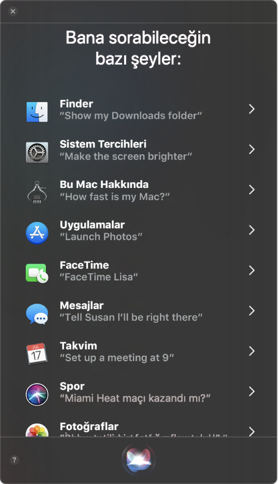 “Bana sorabileceğiniz bazı şeyler” başlığı ile “Galatasaray maçı kazandı mı?” gibi örnek Siri sorgularını gösteren bir Siri penceresi.