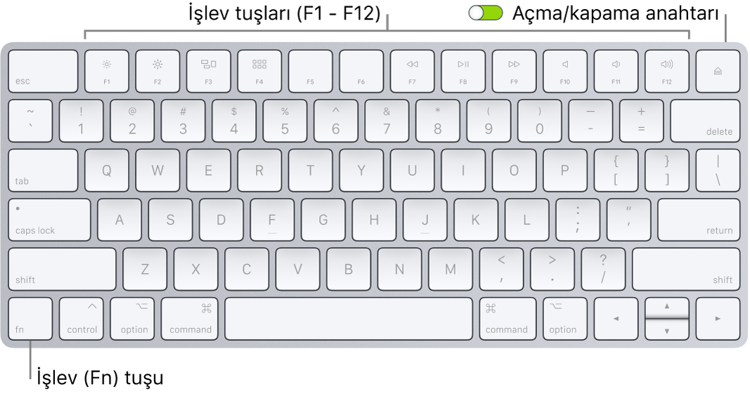 Klavyenin sol alt köşesindeki İşlev (Fn) tuşunu ve sağ üst köşesindeki açma/kapama anahtarını gösteren Magic Keyboard.