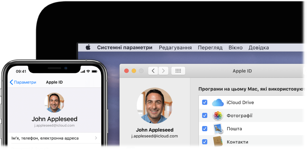 Пристрій iPhone із параметрами iCloud і екран Mac, на якому показано вікно iCloud.