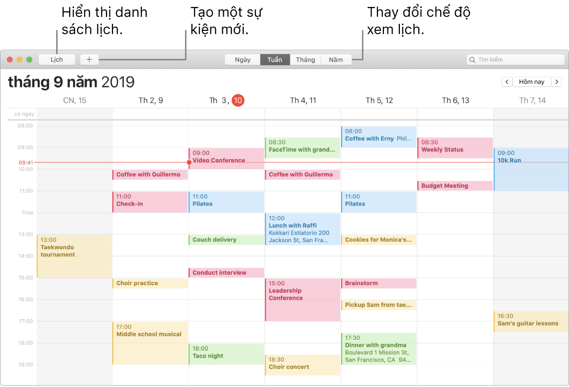 Một cửa sổ Lịch đang minh họa cách tạo một sự kiện, hiển thị danh sách lịch và chọn chế độ xem Ngày, Tuần, Tháng hoặc Năm.