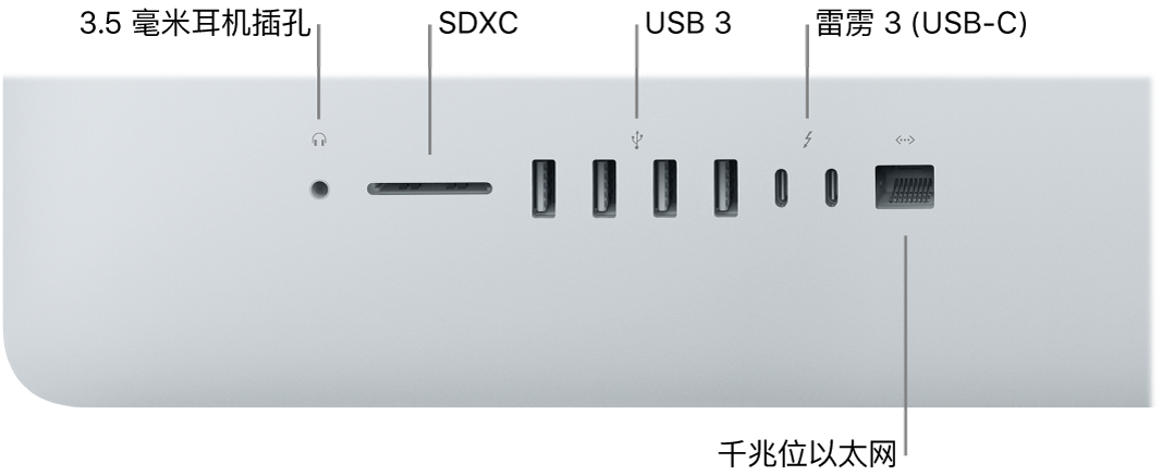 显示 3.5 毫米耳机插孔、SDXC 卡插槽、USB 3 端口、雷雳 3 (USB-C) 端口以及千兆位以太网端口的 iMac。