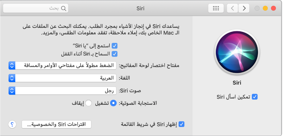 نافذة تفضيلات Siri مع تحديد "تمكين اسأل Siri" على اليمين وعدة خيارات لتخصيص Siri على اليسار، بما في ذلك "استمع إلى "يا Siri"".