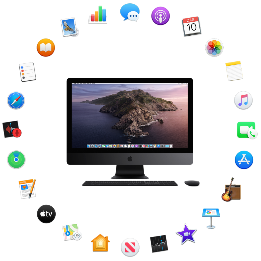 iMac Pro obklopený ikonami předinstalovaných aplikací, které jsou popsány v následujících oddílech