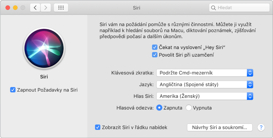 Okno předvoleb Siri s vybranou volbou „Zapnout Požadavky na Siri“ vlevo a s několika volbami přizpůsobení Siri, mimo jiné „Reagovat na frázi ‚Hey Siri‘“, na pravé straně