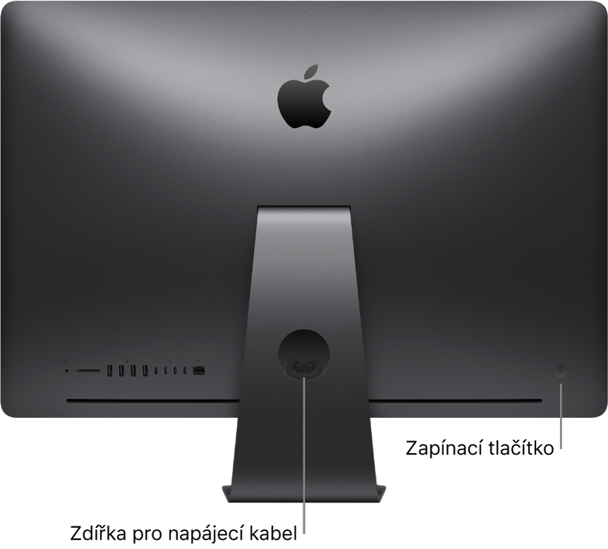 Zobrazení zadní strany iMacu Pro se síťovou napájecí zdířkou a zapínacím tlačítkem