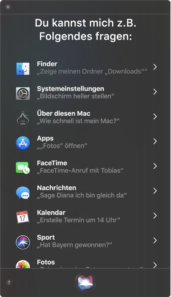 Ein Siri-Fenster mit der Überschrift „Dinge, die du mich fragen kannst“ und Siri-Beispielanfragen wie „Hat Bayern gewonnen?“