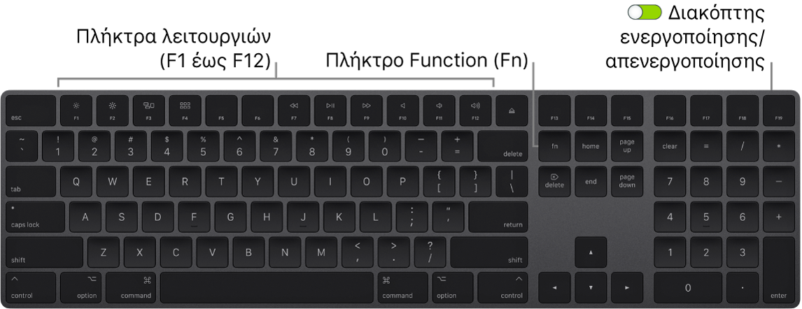 Το πληκτρολόγιο Magic Keyboard στο οποίο φαίνεται το πλήκτρο Function (Fn) στην κάτω αριστερή γωνία και ο διακόπτης ενεργοποίησης/απενεργοποίησης στην επάνω δεξιά γωνία του πληκτρολογίου.