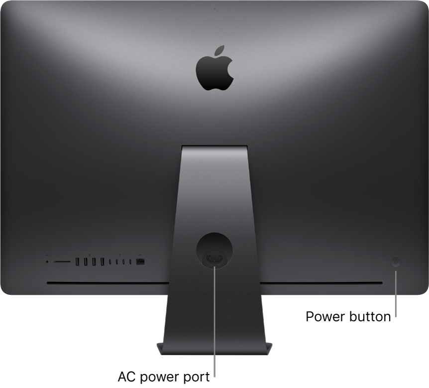 Back view of iMac Pro showing the AC power port and the power button.