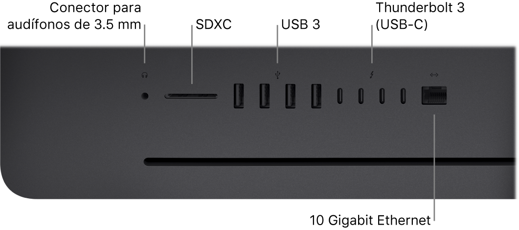 Una iMac Pro mostrando el conector para audífonos de 3.5 mm, puerto SDXC, puertos USB 3, puertos Thunderbolt 3 (USB-C) y el puerto Ethernet (RJ-45).